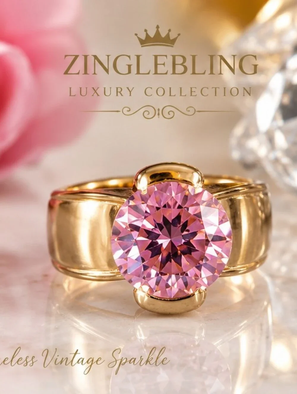 Vintage 1993 Pink Ice AAA+ CZ Gold Plated Cocktail Ring NOS Size 6